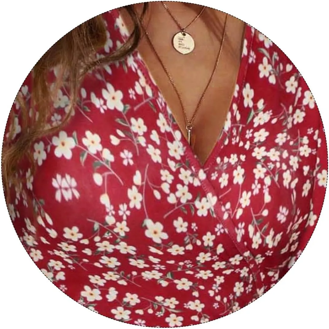 Womens Sundress Summer Floral Short Sleeve Dress Wrap V Neck A-Line Midi Dress Casual Vacation Dresses