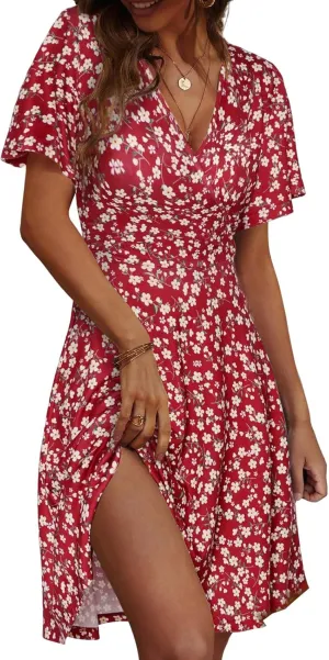Womens Sundress Summer Floral Short Sleeve Dress Wrap V Neck A-Line Midi Dress Casual Vacation Dresses
