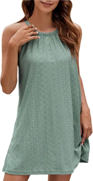 Womens Sundresses Crochet Hollow Out Summer Sleeveless Halter Neck Dresses Loose Beach Mini Dress Swimsuit Cover Up