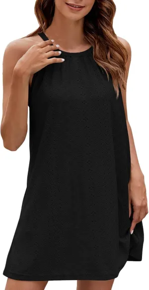 Womens Sundresses Crochet Hollow Out Summer Sleeveless Halter Neck Dresses Loose Beach Mini Dress Swimsuit Cover Up