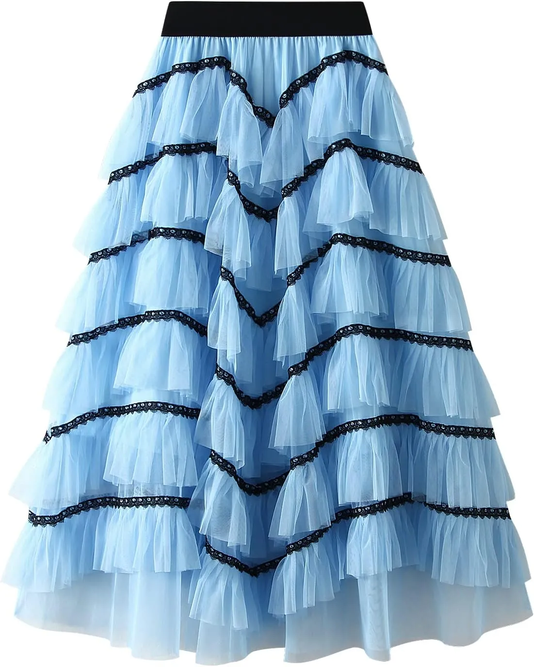 Women's Tulle Skirt Mesh Elastic High Waist Layered Pleated Skirt Floral Print A-Line Midi Party Casual Flowy Tutu Skirt