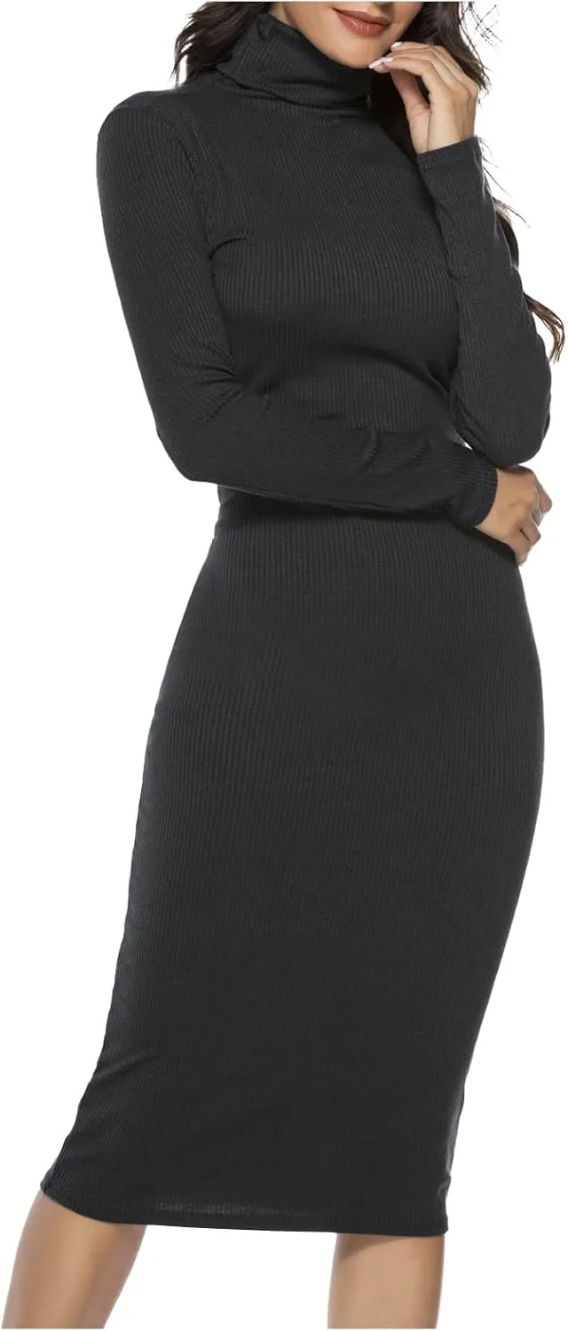 Women's Turtleneck Midi Sweater Dress Long Sleeve Bodycon Ribbed Knit Slim Fit Dress Sexy Office Midi Dresses