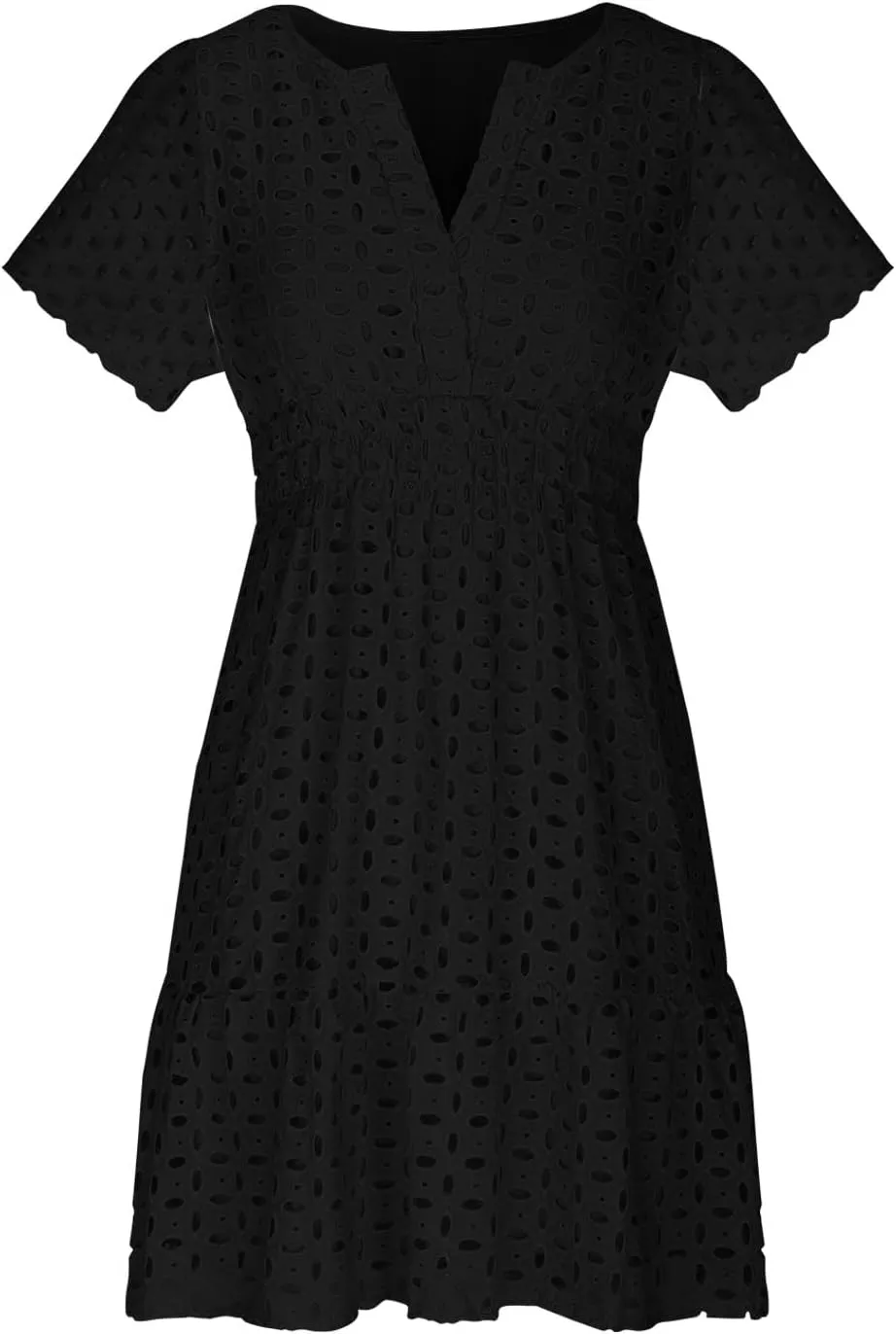 Women's V Neck Short Sleeve Maxi Dress Hollow Out Eyelet Slim Waist Ruffle Summer Casual Swing A Line Mini Dresses