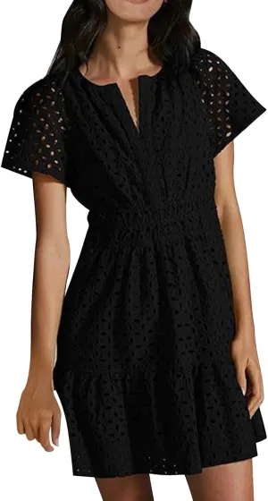 Women's V Neck Short Sleeve Maxi Dress Hollow Out Eyelet Slim Waist Ruffle Summer Casual Swing A Line Mini Dresses