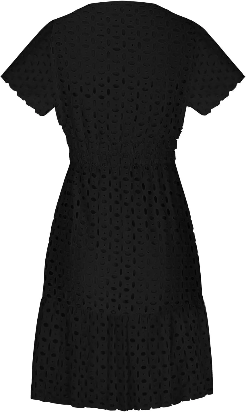 Women's V Neck Short Sleeve Maxi Dress Hollow Out Eyelet Slim Waist Ruffle Summer Casual Swing A Line Mini Dresses