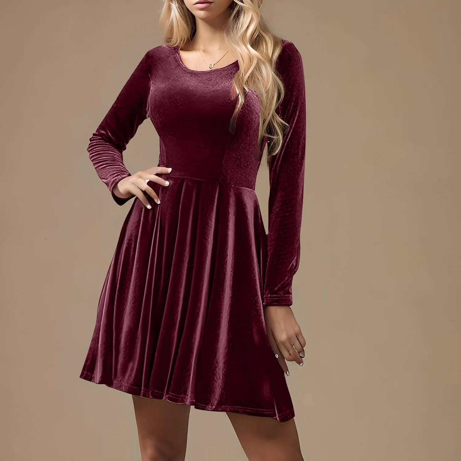 Women's Velvet Dress Long Sleeve Cocktail Party Club Dresses Ruffle Swing O Neck Mini Prom Dress for Wedding Guest