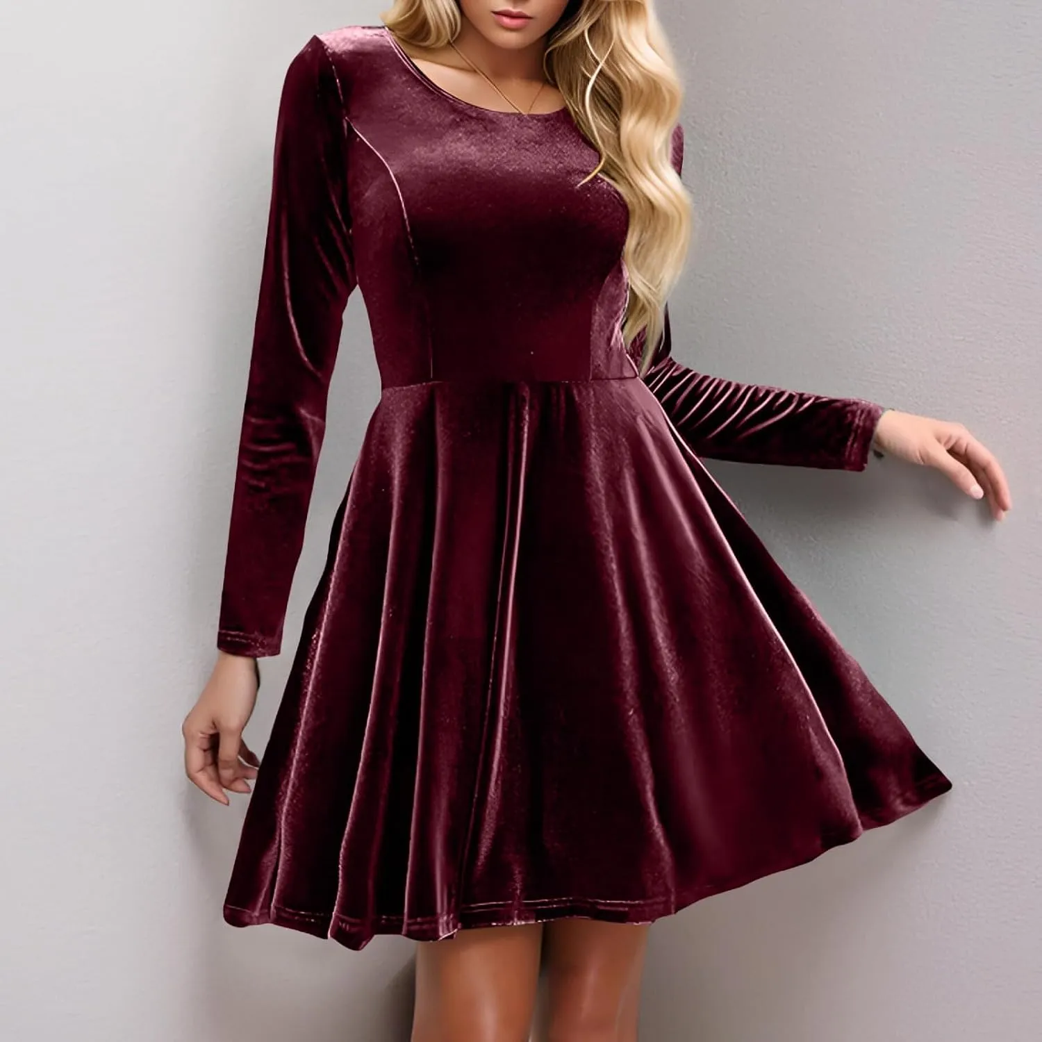 Women's Velvet Dress Long Sleeve Cocktail Party Club Dresses Ruffle Swing O Neck Mini Prom Dress for Wedding Guest