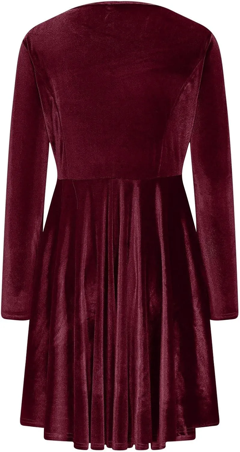 Women's Velvet Dress Long Sleeve Cocktail Party Club Dresses Ruffle Swing O Neck Mini Prom Dress for Wedding Guest