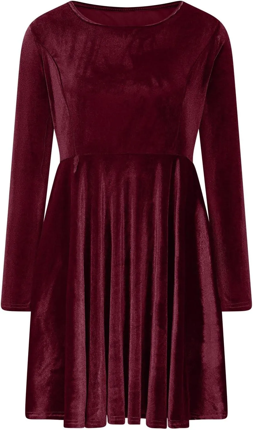 Women's Velvet Dress Long Sleeve Cocktail Party Club Dresses Ruffle Swing O Neck Mini Prom Dress for Wedding Guest