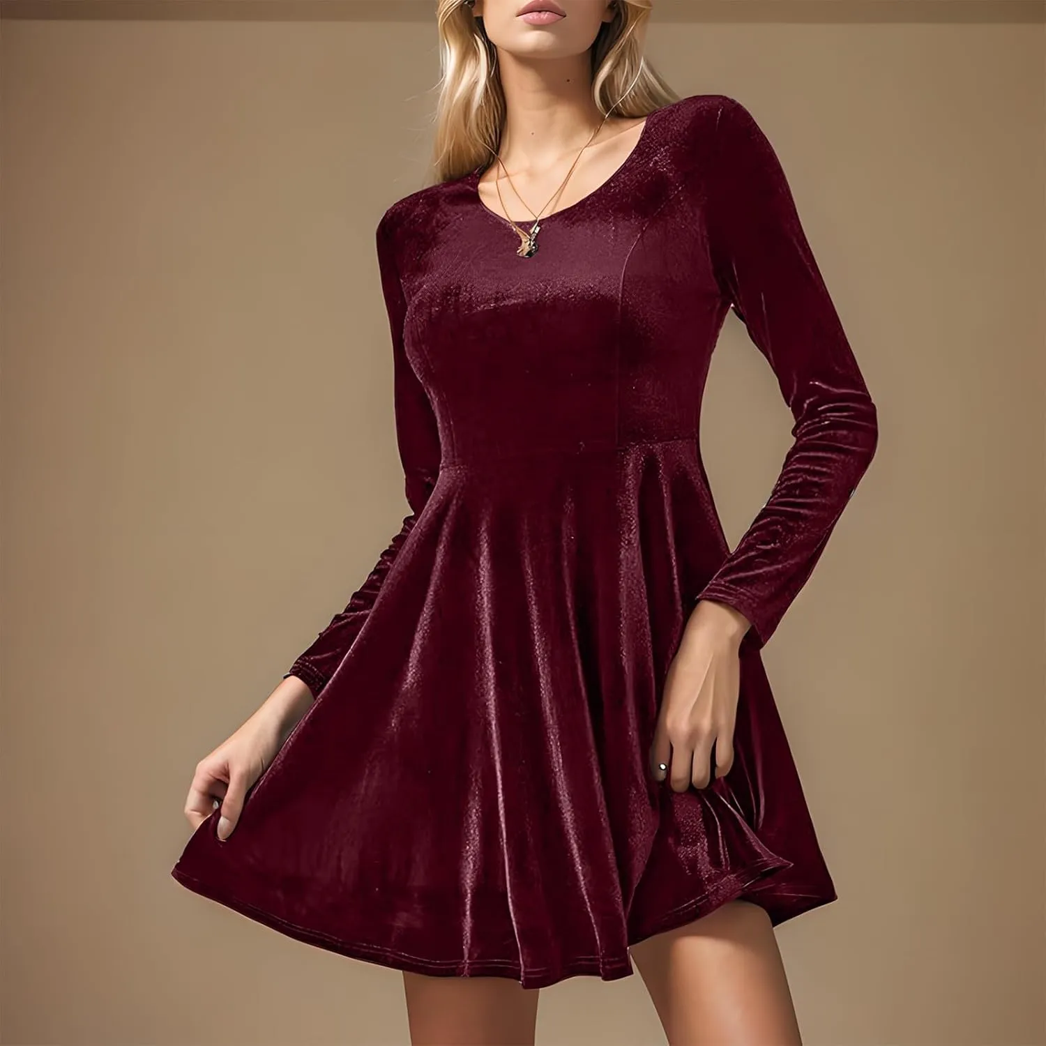 Women's Velvet Dress Long Sleeve Cocktail Party Club Dresses Ruffle Swing O Neck Mini Prom Dress for Wedding Guest