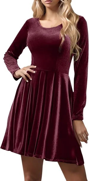 Women's Velvet Dress Long Sleeve Cocktail Party Club Dresses Ruffle Swing O Neck Mini Prom Dress for Wedding Guest