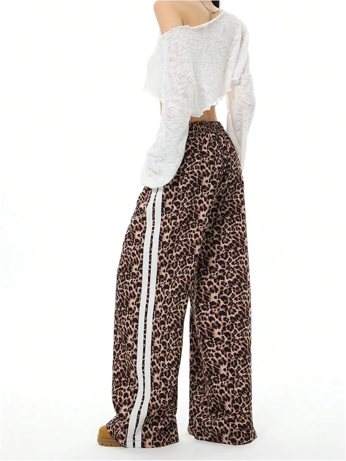 Women's Y2K Leopard Print Pants Side Striped Baggy Pant Cheetah Drawstring Wide Leg Loose Trousers with Pockets