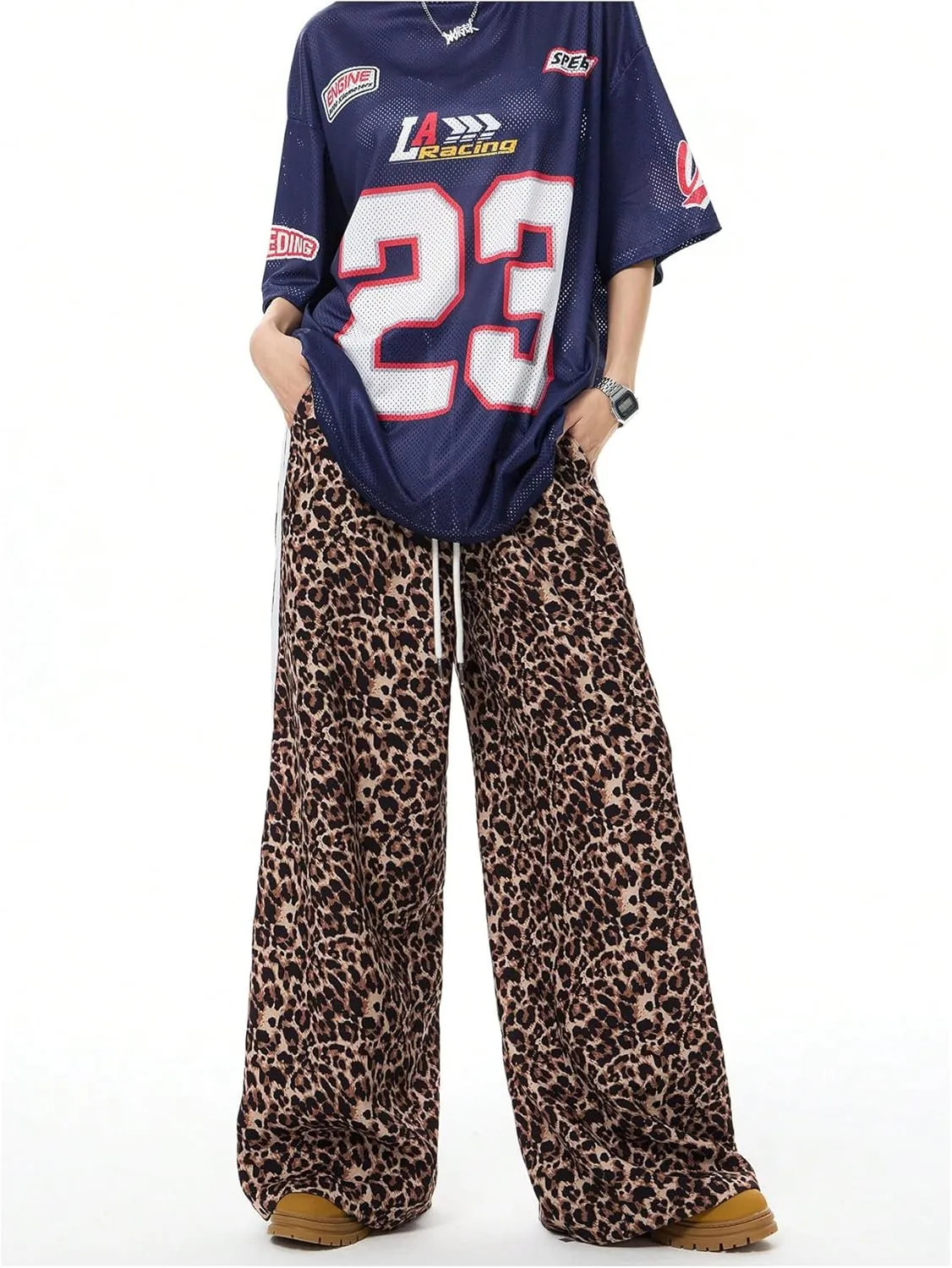 Women's Y2K Leopard Print Pants Side Striped Baggy Pant Cheetah Drawstring Wide Leg Loose Trousers with Pockets