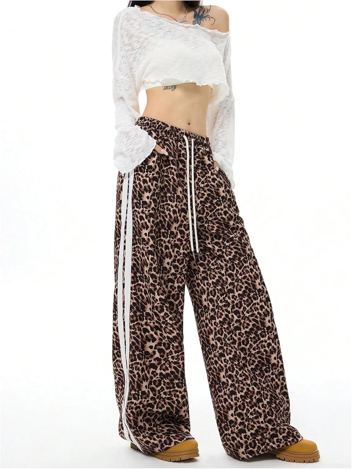 Women's Y2K Leopard Print Pants Side Striped Baggy Pant Cheetah Drawstring Wide Leg Loose Trousers with Pockets