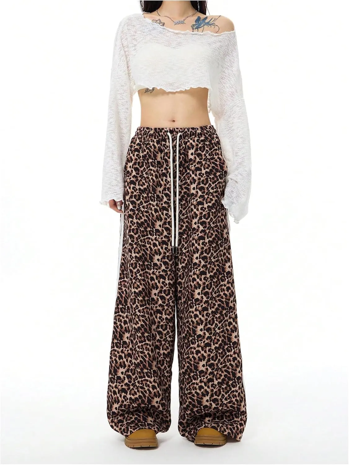 Women's Y2K Leopard Print Pants Side Striped Baggy Pant Cheetah Drawstring Wide Leg Loose Trousers with Pockets