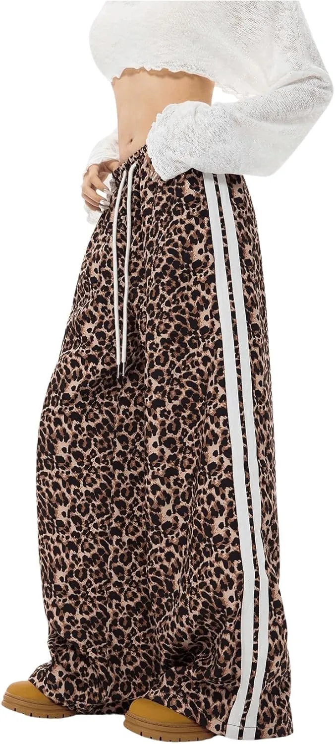 Women's Y2K Leopard Print Pants Side Striped Baggy Pant Cheetah Drawstring Wide Leg Loose Trousers with Pockets
