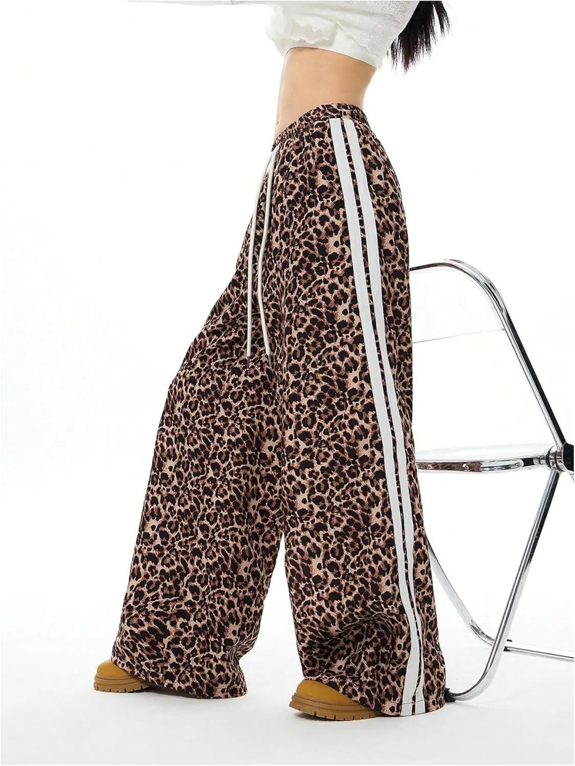 Women's Y2K Leopard Print Pants Side Striped Baggy Pant Cheetah Drawstring Wide Leg Loose Trousers with Pockets