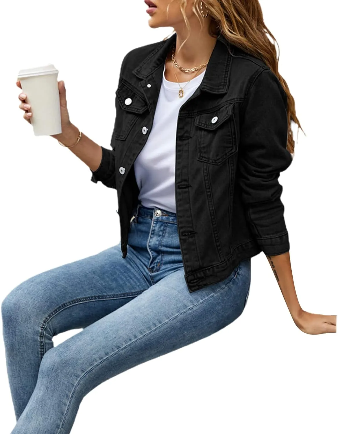 XBTCLXEBCO Women's Cropped Denim Jacket Long Sleeve Lapel Button Down Jean Coat Classic Trucker Jacket Distressed Shacket