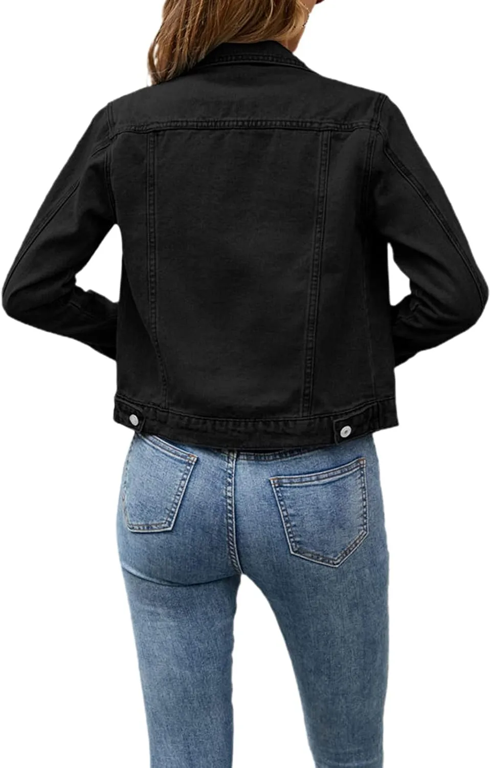 XBTCLXEBCO Women's Cropped Denim Jacket Long Sleeve Lapel Button Down Jean Coat Classic Trucker Jacket Distressed Shacket