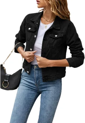XBTCLXEBCO Women's Cropped Denim Jacket Long Sleeve Lapel Button Down Jean Coat Classic Trucker Jacket Distressed Shacket