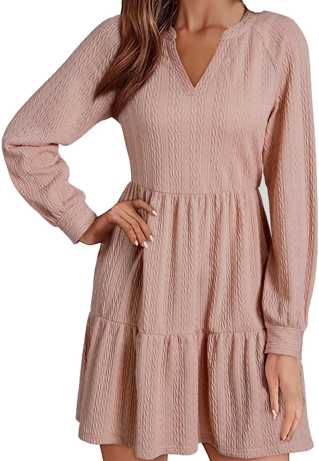 XOWRTE Womens Mini Dresses 2024 Long Sleeve V Neck Textured Casual Tiered Ruffle A-Line Swing Mini Babydoll Dress Party Dress
