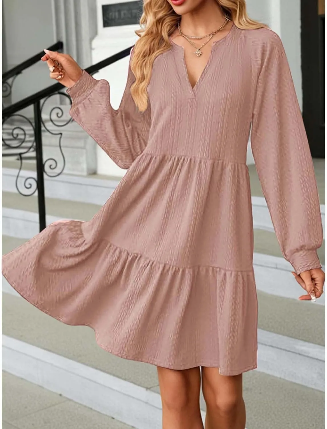 XOWRTE Womens Mini Dresses 2024 Long Sleeve V Neck Textured Casual Tiered Ruffle A-Line Swing Mini Babydoll Dress Party Dress