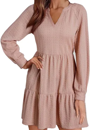 XOWRTE Womens Mini Dresses 2024 Long Sleeve V Neck Textured Casual Tiered Ruffle A-Line Swing Mini Babydoll Dress Party Dress