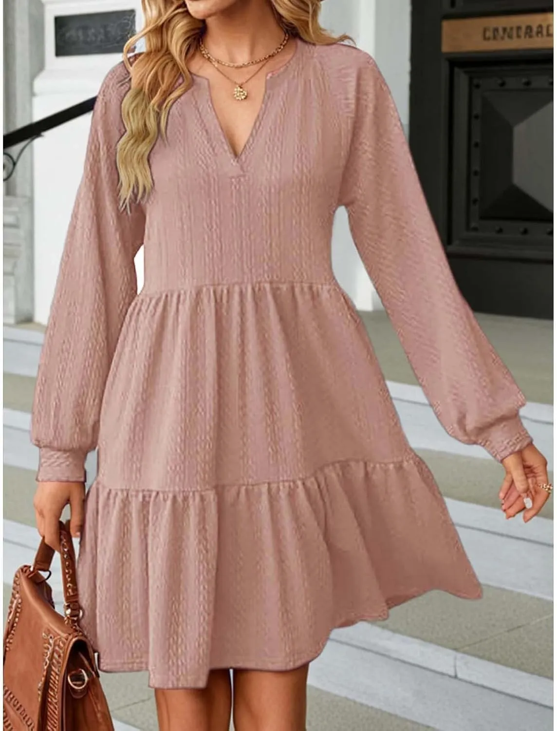 XOWRTE Womens Mini Dresses 2024 Long Sleeve V Neck Textured Casual Tiered Ruffle A-Line Swing Mini Babydoll Dress Party Dress