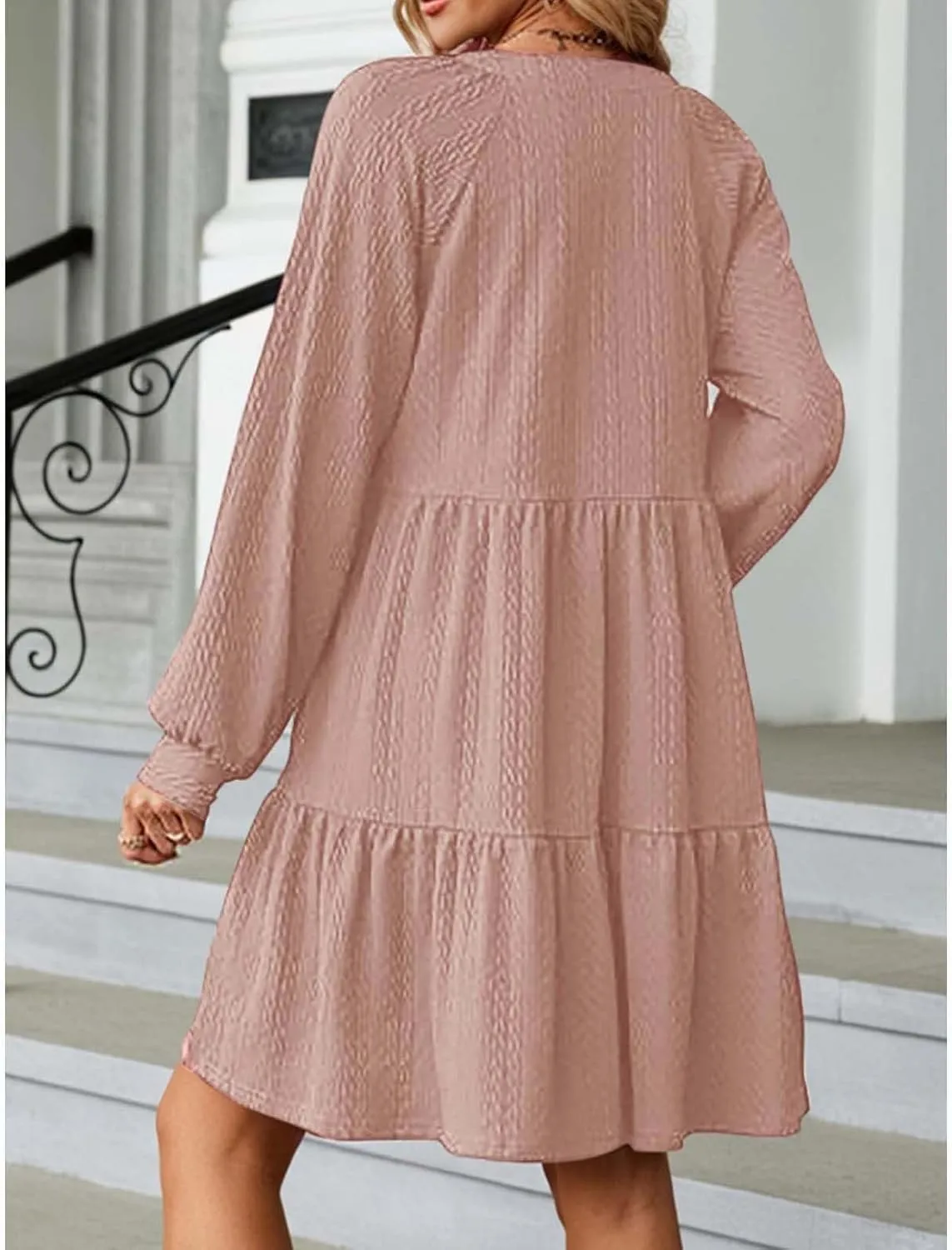 XOWRTE Womens Mini Dresses 2024 Long Sleeve V Neck Textured Casual Tiered Ruffle A-Line Swing Mini Babydoll Dress Party Dress