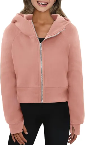 Yoklass Girls Zip Up Hoodie Croppred Sweatshirts Casual Long Sleeve Thumb Hole Jacket 4-13 Years
