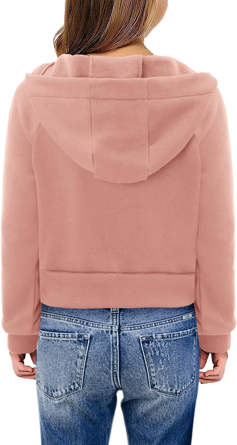 Yoklass Girls Zip Up Hoodie Croppred Sweatshirts Casual Long Sleeve Thumb Hole Jacket 4-13 Years