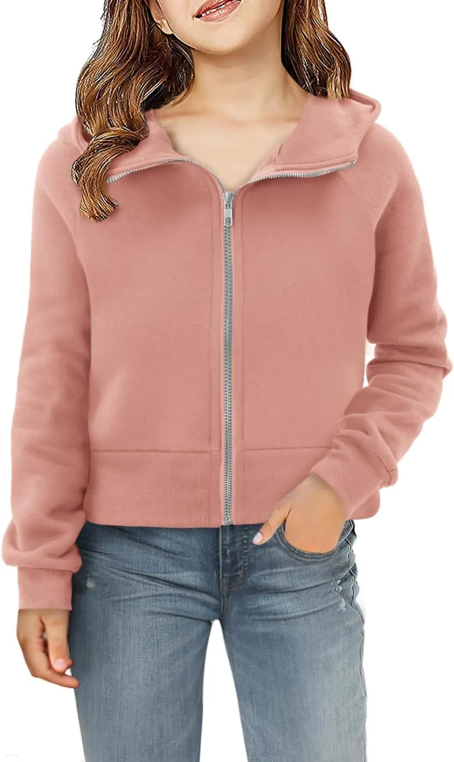 Yoklass Girls Zip Up Hoodie Croppred Sweatshirts Casual Long Sleeve Thumb Hole Jacket 4-13 Years
