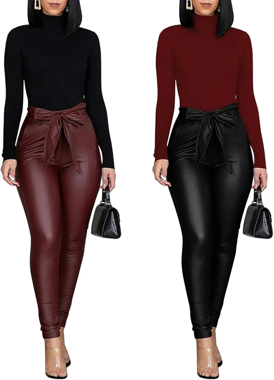 Yuemengxuan Women Sexy PU Leather Pants Ladies High Waist Stretchy Leggings Bow Pencil Skinny Trousers