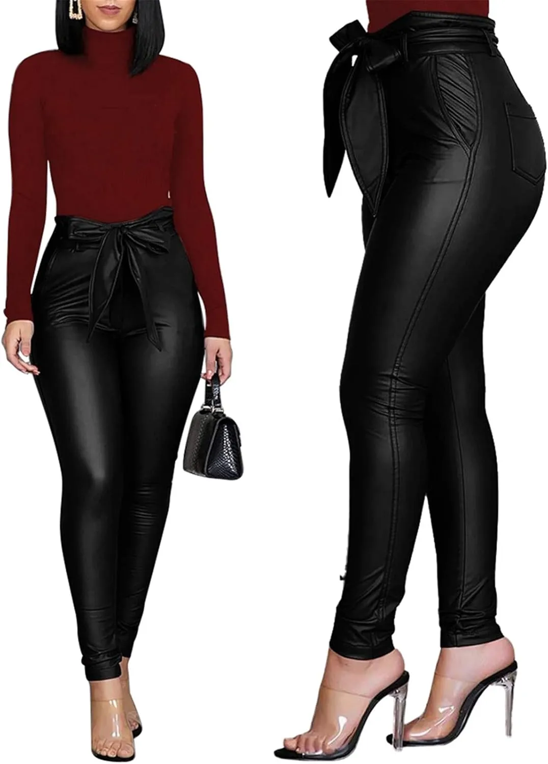 Yuemengxuan Women Sexy PU Leather Pants Ladies High Waist Stretchy Leggings Bow Pencil Skinny Trousers