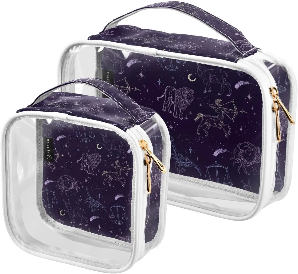 Zodiac-pattern 2 Pack Clear Toiletry Bag Women Men, Portable Waterproof Clear Pouch, Cosmetic Bag with Double Zippers Large Opening Traveling with Handle for Bathroom Traveling Vacation Organizing